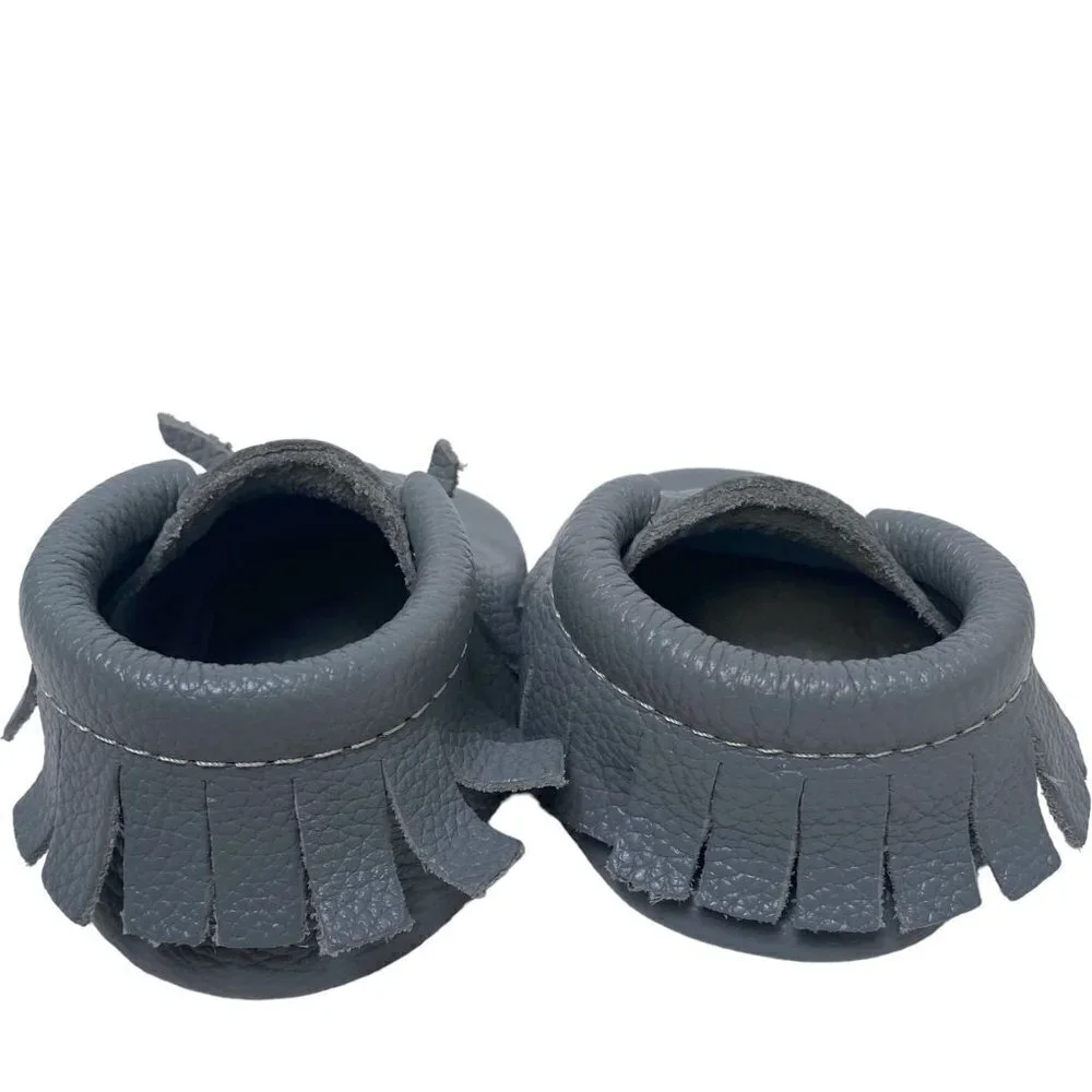 FRESHLY PICKED Baby Shoes Gray Leather Moccasins Up to 12 months Western Fringe